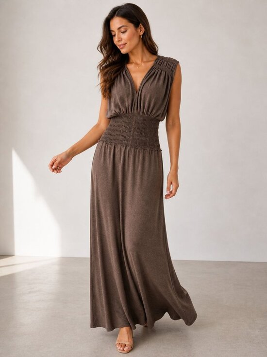Bordeaux Dresses & Skirts - Bordeaux Womens Maxi Dress L Brown Smocked Waist Flowy Stretch Boho Sleeveless